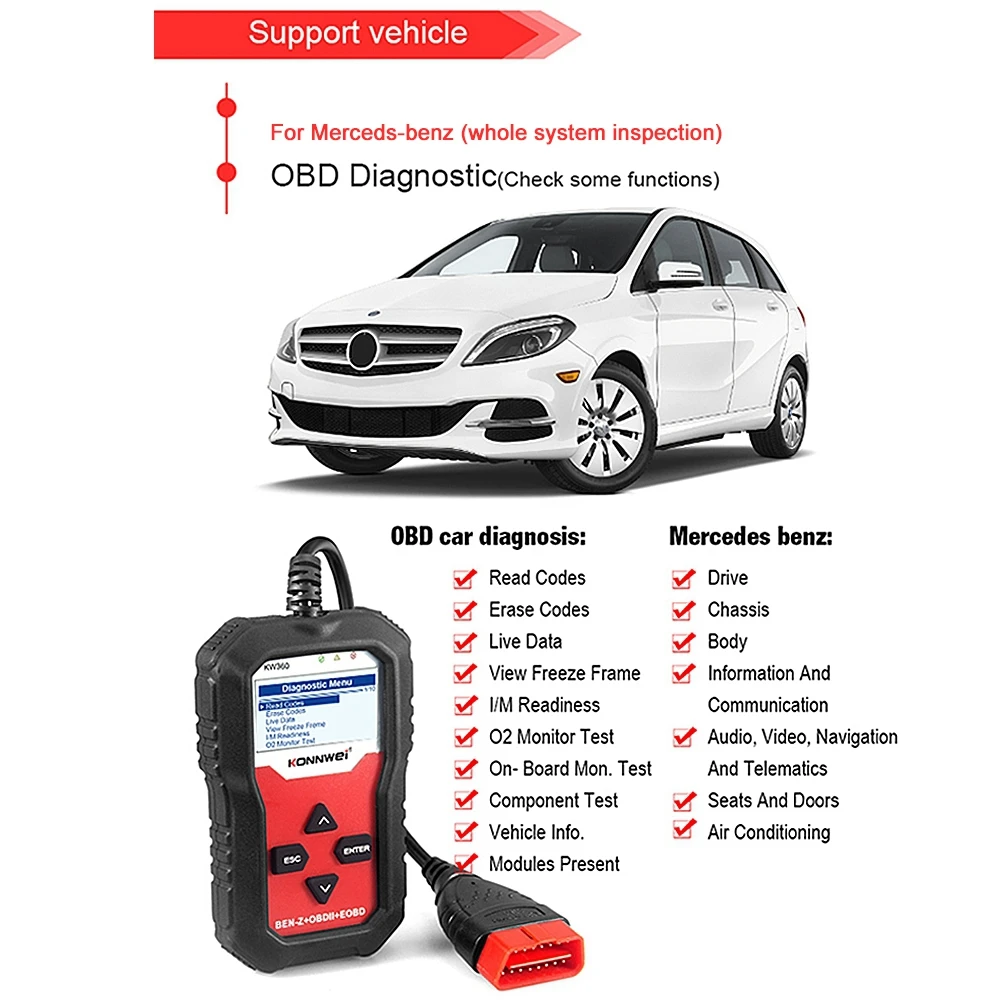 

1Pc kw360 fit for Mercedes-Benz full-function full-system vehicle fault scanner trip computer