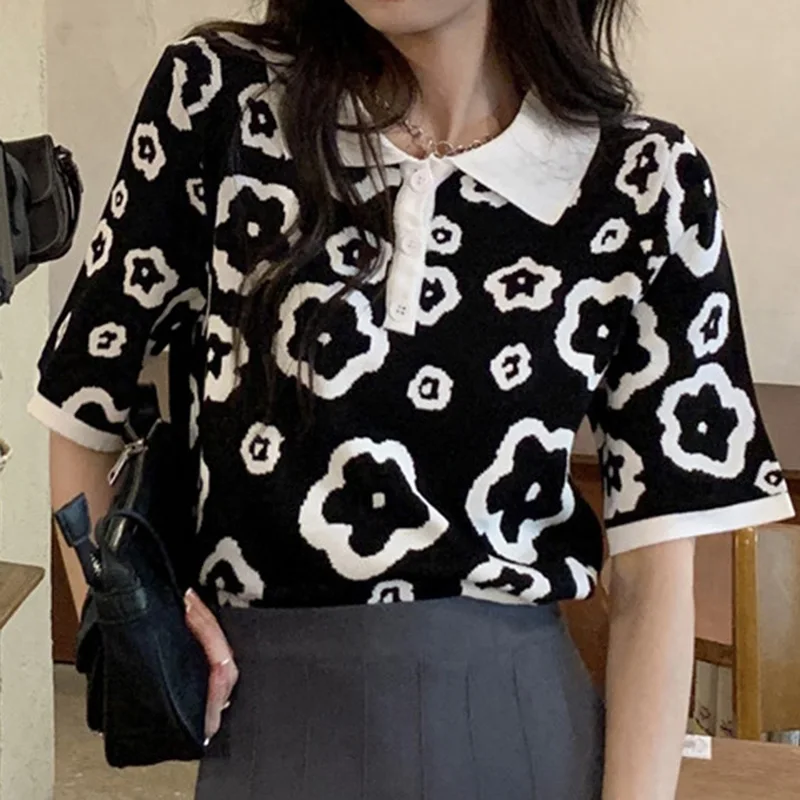 Sungtin элегантные милые цветочные Вязаные Короткие рубашки женские винтажные