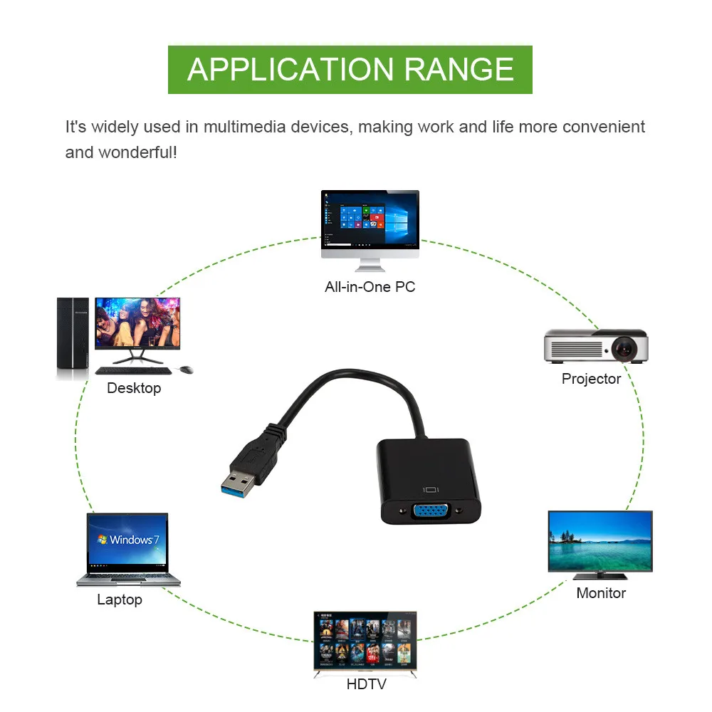 Переходник с USB 3 0 на VGA Кабель адаптер для дисплея подходит ПК системой Win 7/8/10