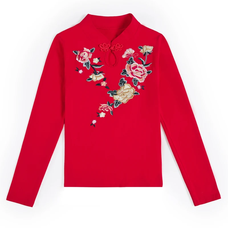 

2019 Autumn Spring Vintage Chinese Style Embroidery T Shirt Women Buckle T-shirt Top Tee Woman Clothes Indie Folk Plus Size 5XL