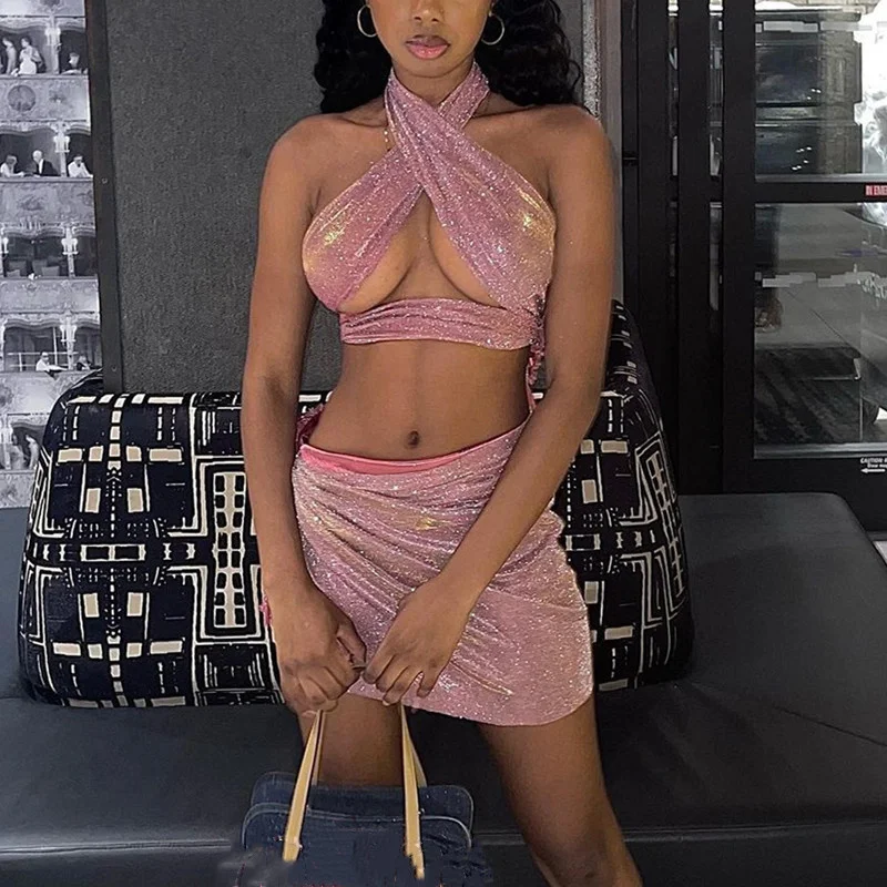 

Блестящие блестящие комплекты hirigin, женские Ажурные топы-трубы с лямкой на шее, короткая юбка-карандаш на шнуровке, вечерние Клубные юбки