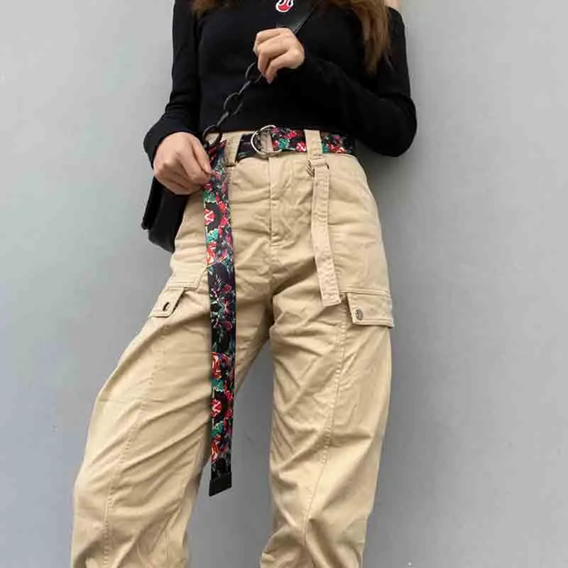 Fashion Printed Canvas Belts For Women Harajuku Metal D Ring Buckle Waist Strap Jeans Dress Trouser Female Decoration Waistband