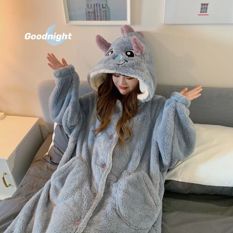 Thickened Cotton Pajamas Winter Women's 2021 New Cute One-piece Funny Dinosaur Winter Nightgown Loose Long Nightdress