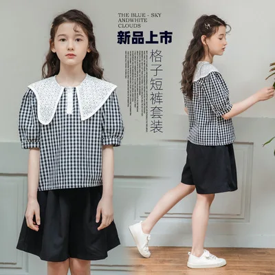 

Children's Clothing Set Baby Girls Summer New Korean Kids Girls Plaid Shirt+shorts 2pcs Sets Fashionable Big Children Suit 4-10Y