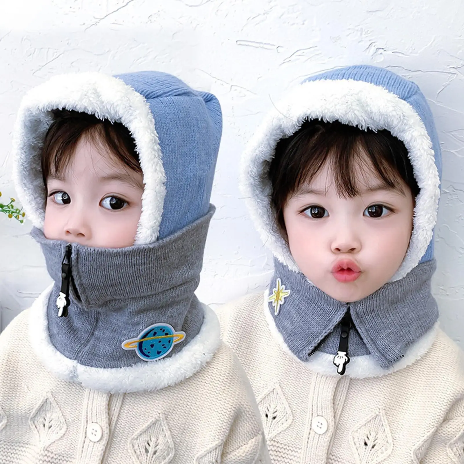 

2-in-1 Children Knitted Cap Autumn Winter Boys Girls Woolen Plush Hat Cap Scarf