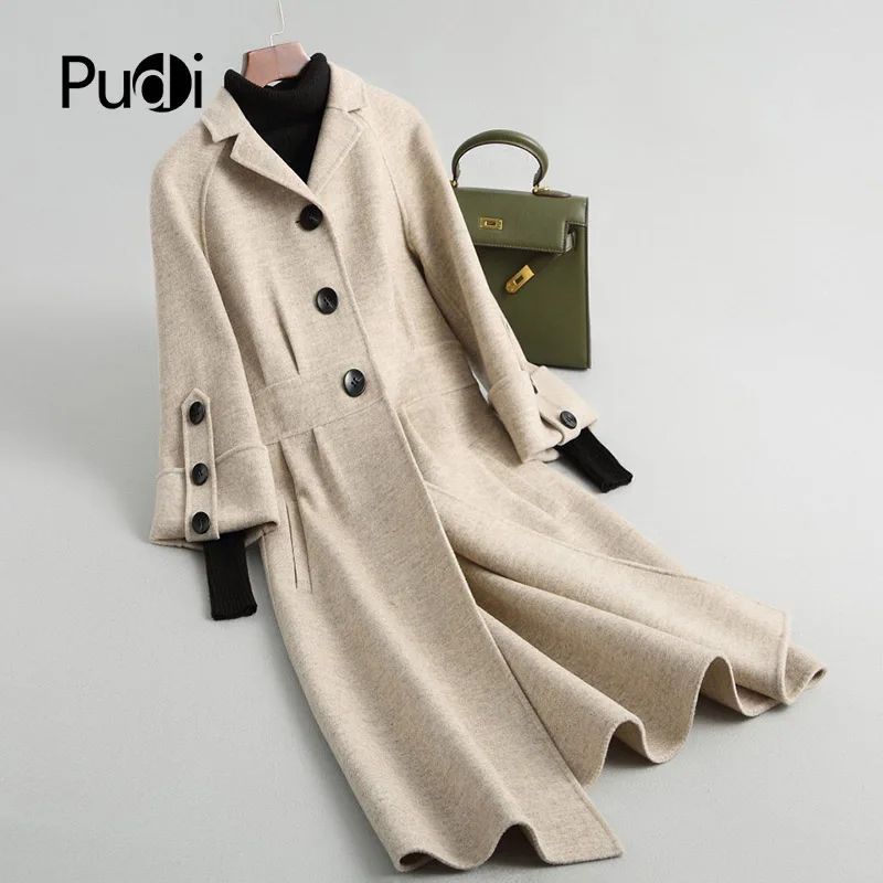 

A18017 Women's Winter Warm 100% Genuine Wool Fur With Turn-down Collar Coat Lady Long Coat Jacket Overcoat