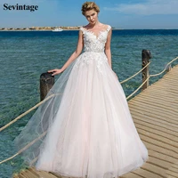 sevintage beach wedding dress aplliques lace bridal gowns court train transparent back with buttons pincess party dress