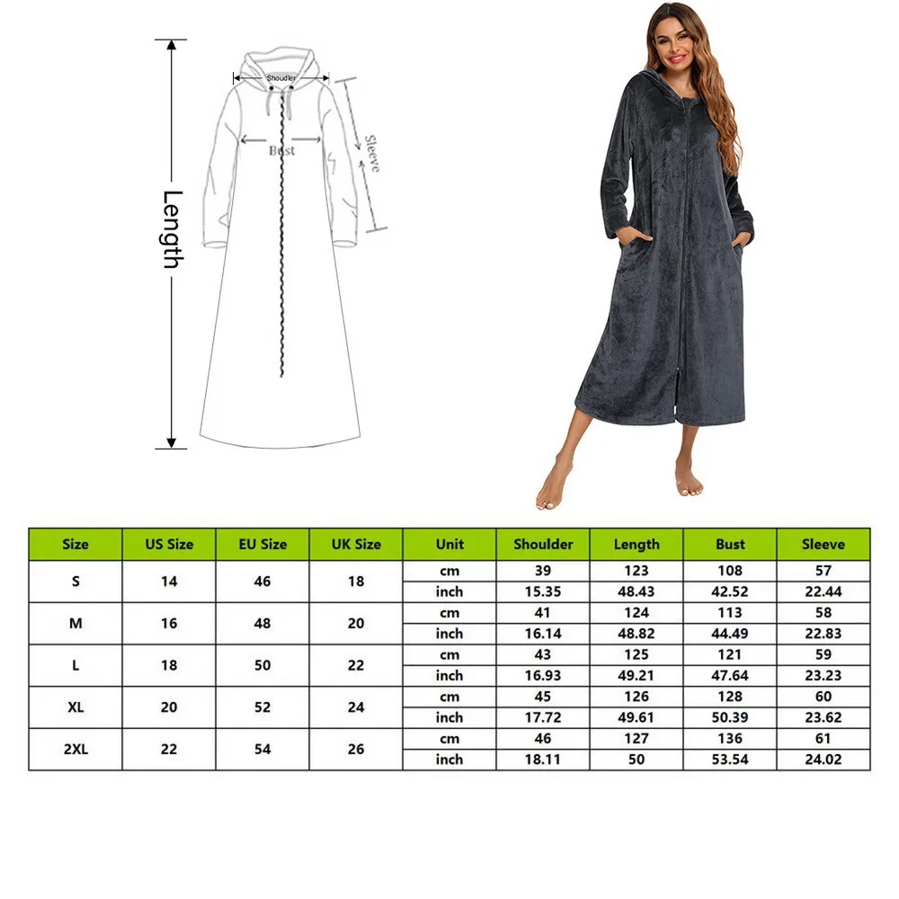 

Winter Women's Front Zipper Robe Jacket With Pocket Warm Bathrobe Hooded Solid Long Sleeve Dress Night Wear Woman Clothing