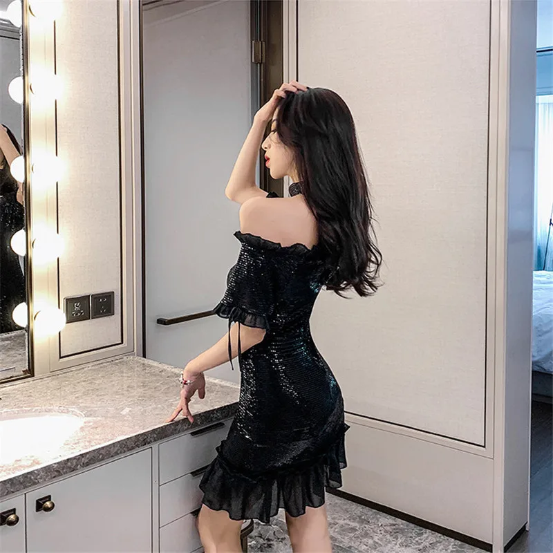 

Real shot 2020 new fashion temperament sexy word ruffled slim party dress