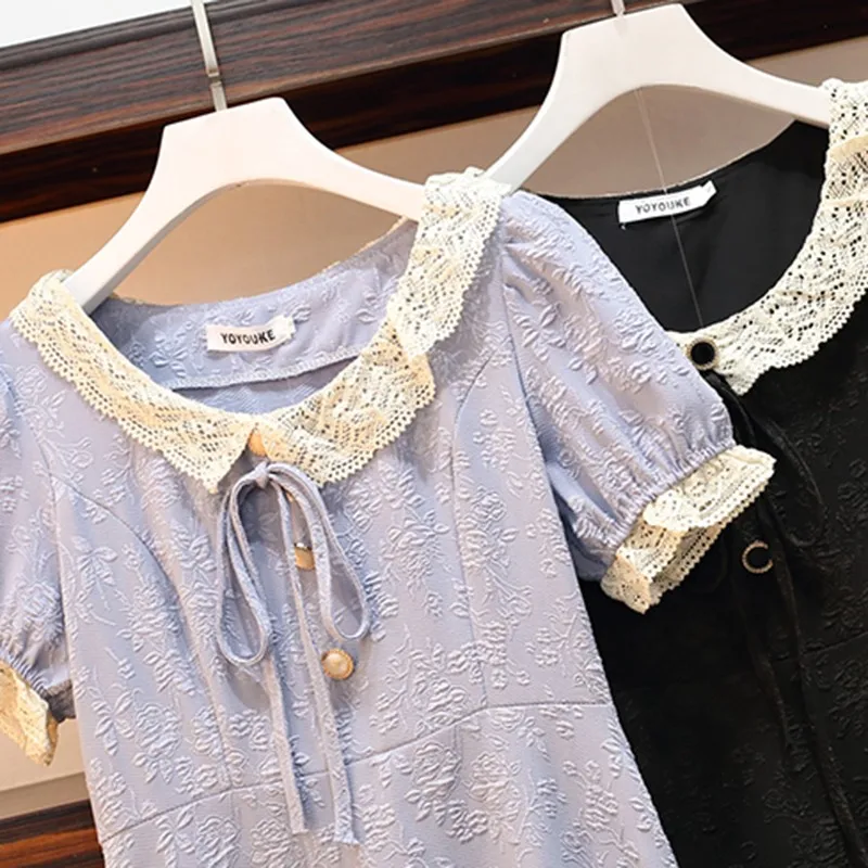 

Plus Size Women Summer Elegant A-line Dress New Arrival 2021 England Style Lace Peter Pan Collar Ladies Party Dresses W337