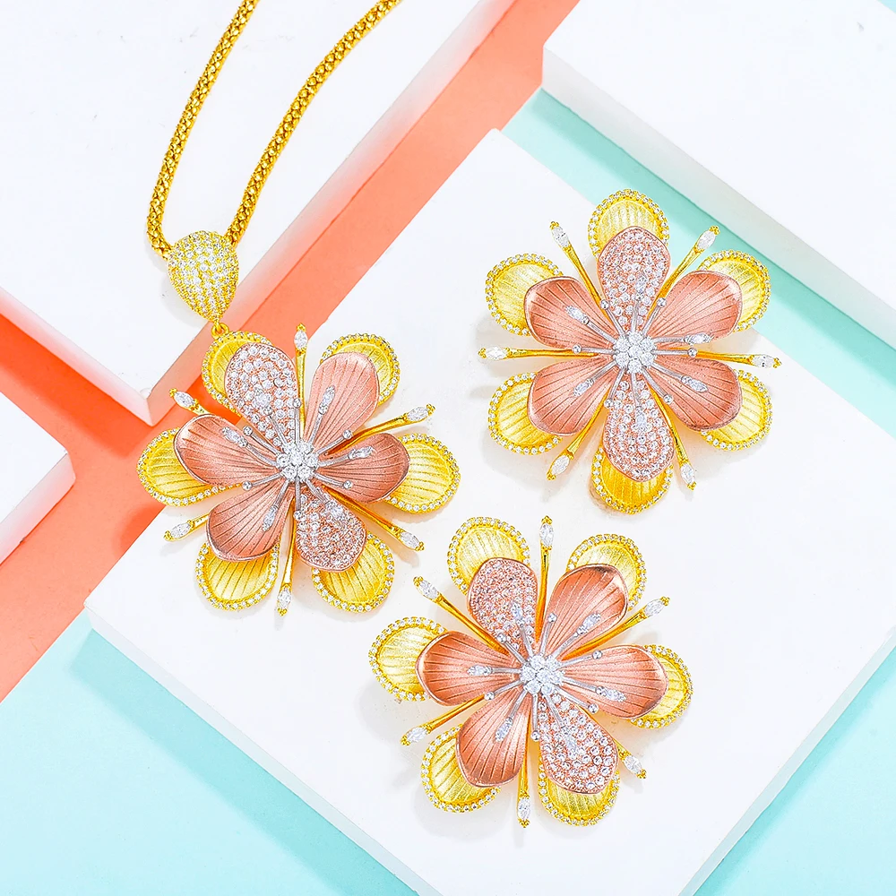

Blachette Trendy For Women Girls Big Flower Pendant Necklace Earrings Sets Dress Jewelry Sets High Quality Shiny Accessories