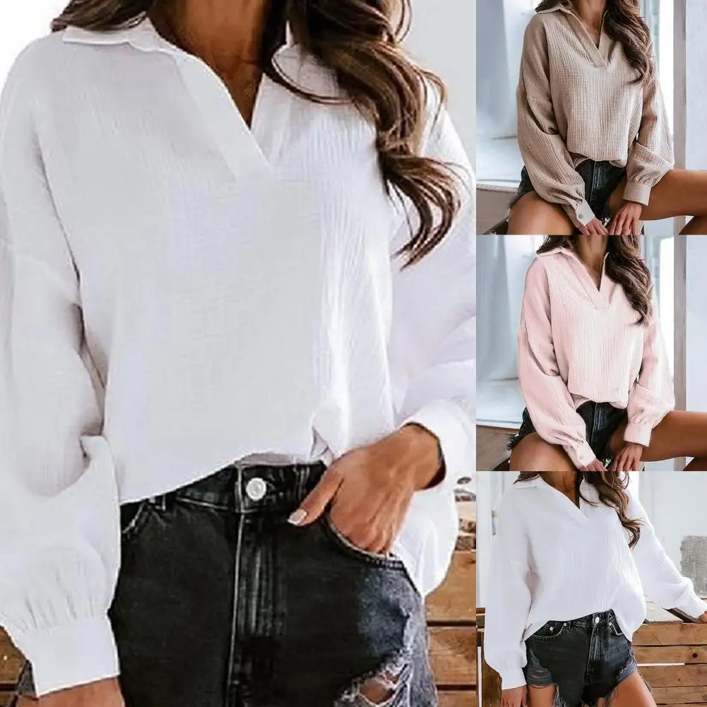 

Solid Color Women Shirt Turn-Down Collar Top Long Lantern Sleeve Casual Shirt Ladies Vintage Clothing Women Tops Plus Size