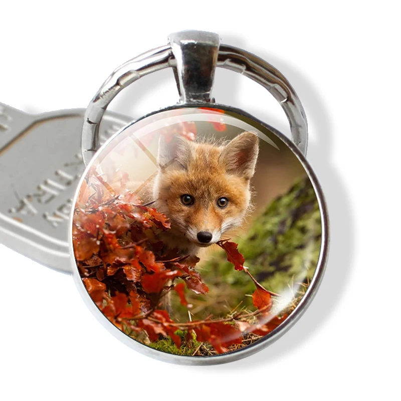 

Lovely Fox Picture Glass Cabochon Keychain Animal Pendant Metal Key Rings Christmas Gifts for Kids Dropshipping