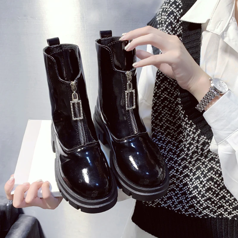 

Women's Boots Autumn Fashion Womens Shoes 2020 Boots-women Booties Ladies Low Heels booties Zipper Round Toe Mid-Calf Punk