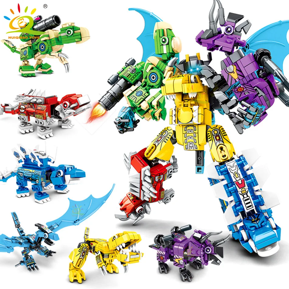 

HUIQIBAO 6in1 649PCS Dinosaur Transformation Mecha Building Block City Weapon Robot Construction Assembly Brick Toy For Children