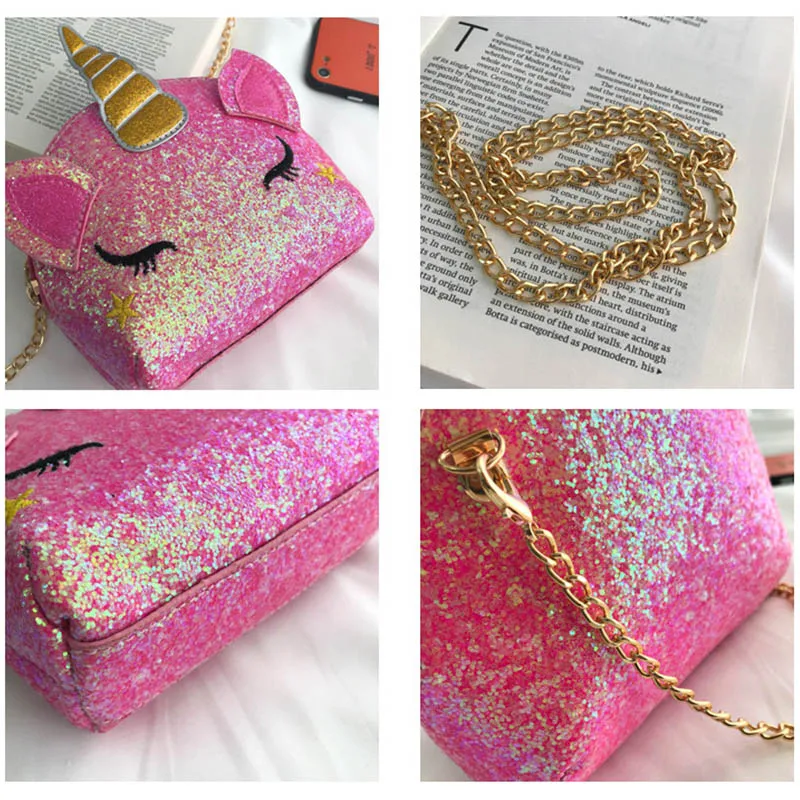 Детская блестящая сумка с единорогом кошелек Kuwaii розовый серебристый единорог