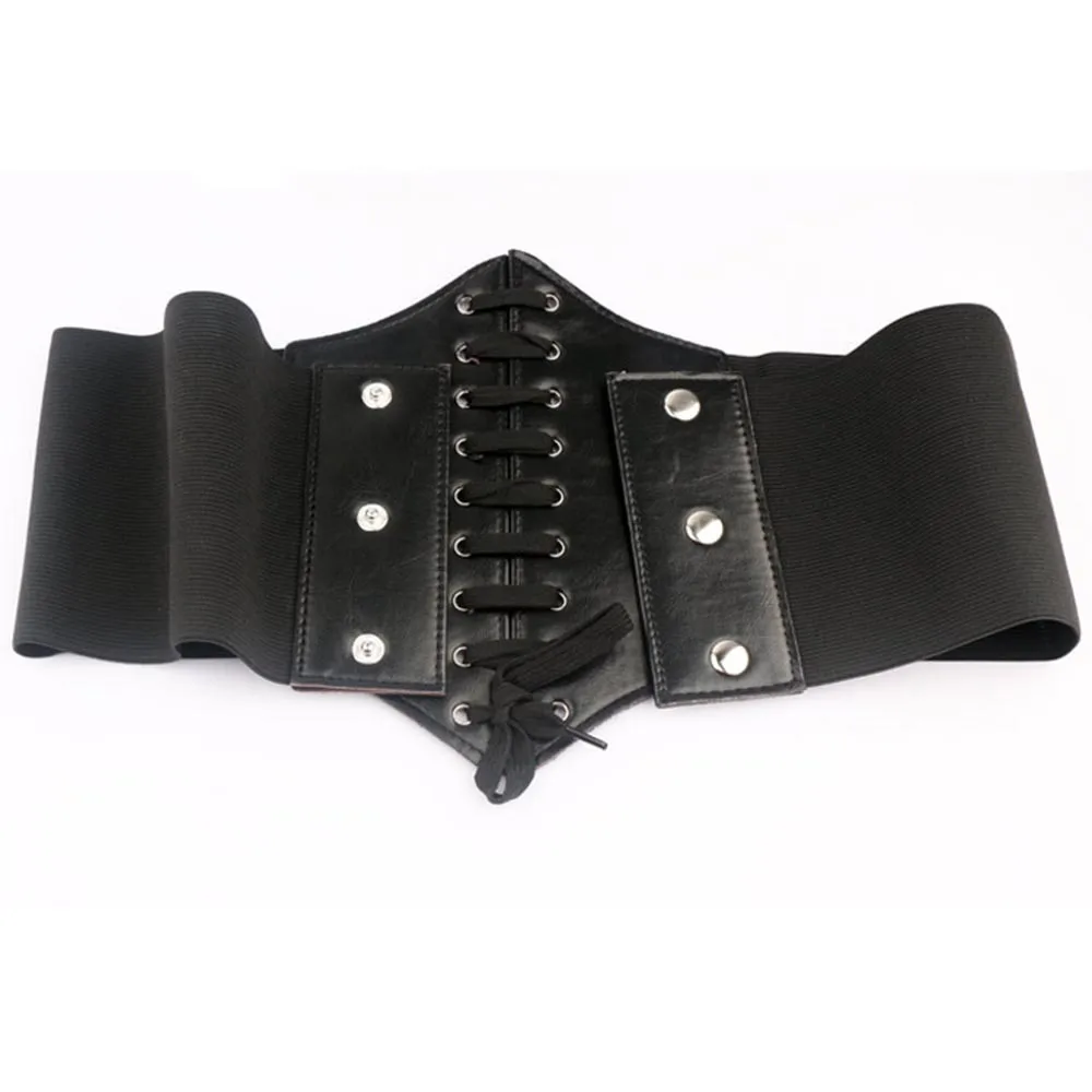 

Gothic Black Simple Wide Belt Women New Bandage Soft Elastic Waist Slimming Decoration Solid Lady Large Size PU Cummerbunds
