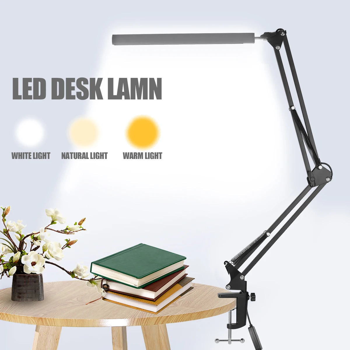 

Swing Arm Desk Light with Clamp 3 Lighting 10 Brightness Eye-Caring Modes USB Rechargeable LED Table Lamp for Home Office Study