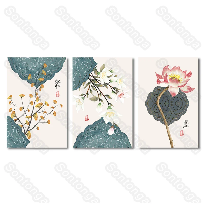 

Lotus Art Poster Bedroom Wall Layout Ancient Style Self-Adhesive Painting Living Room Decoration Background Wall Chinese Style