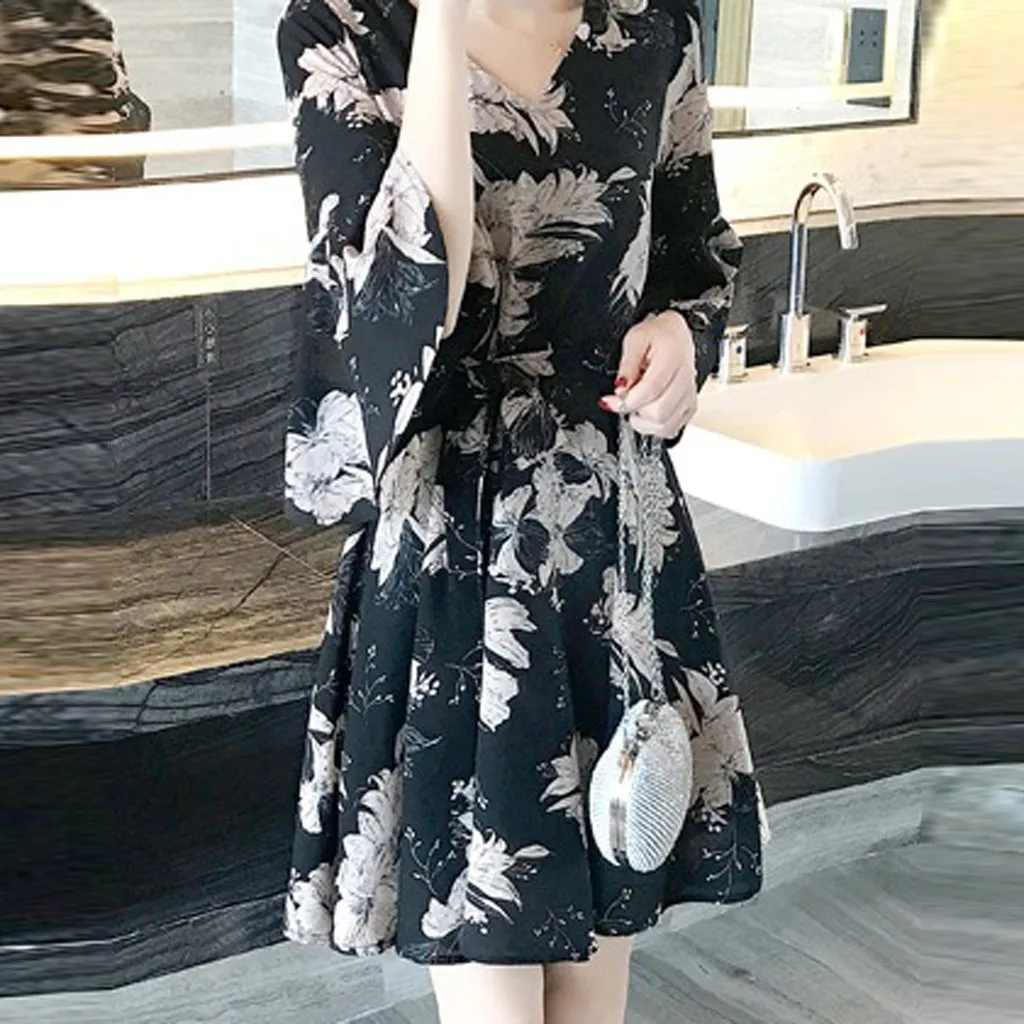 

Fashion Women Dress Printing Knee Length Half Sleeve V-Neck Loose Elegant Dress