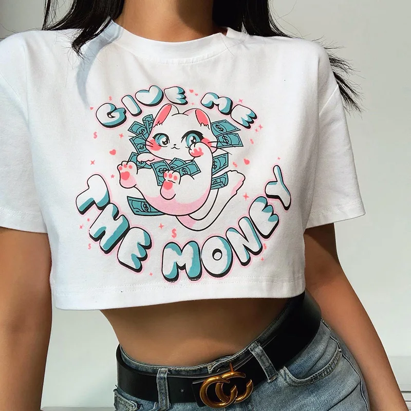 

Front Cartoon Print Short Sleeve Cropped T-Shirts Loose Fashion Summer Streetwear Top Women White Funny Cat Print New