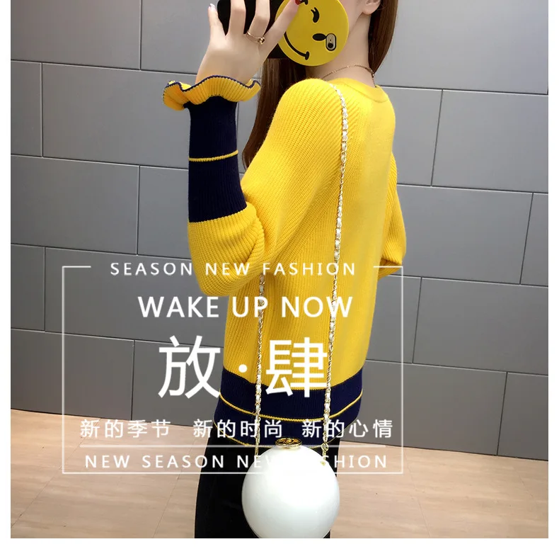 

Retro Women's Knitwear Spring Summer Fashion Casual Long Sleeve Loose O-neck Splicing COTTON Office Lady Top Houthion