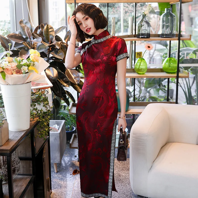 

Classical Women Print Floral Chinese Dress Sexy Hight Split Satin Prom Long Cheongsam Skirt Slim Wedding Party Guest Qipao Gown