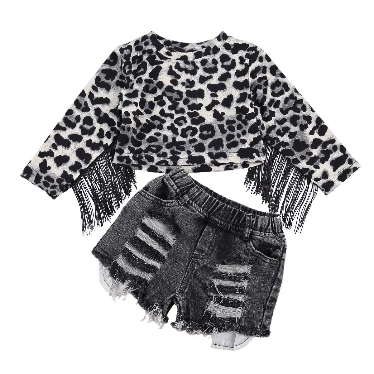 

1-6Y Fashion Kids Baby Girls Clothes Sets Leopard Tassel Long Sleeve Pullover T Shirts Tops + Denim Shorts 2pcs Outfits