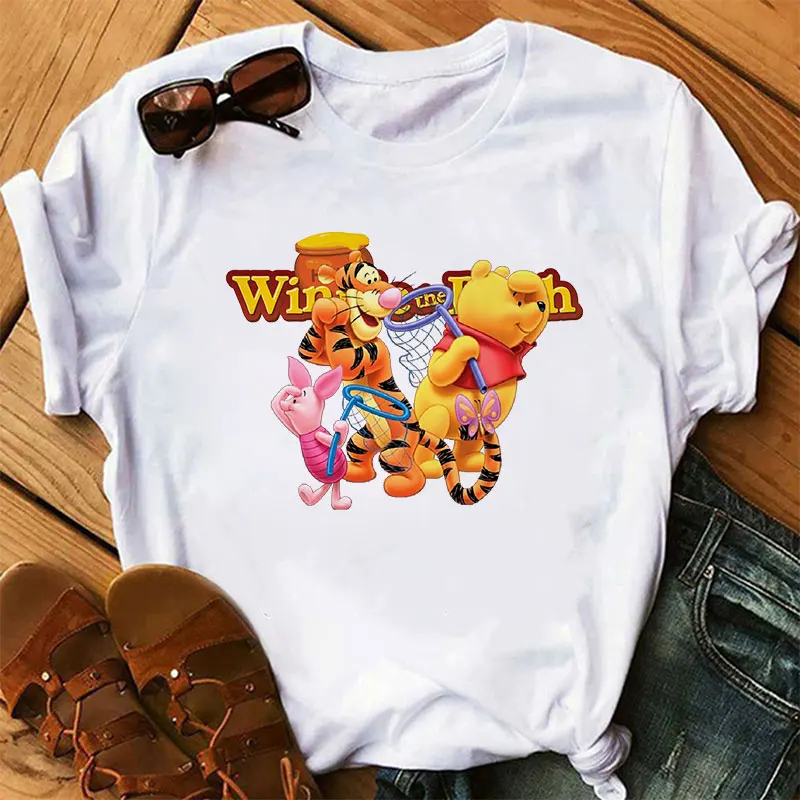 

Disney Cartoon Winnie the Pooh T Shirt Women Casual Oversized White Tops Kawaii Harajuku Female Clothing Short-sleeved T-shirts