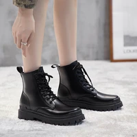 black pu leather ankle boots women autumn winter round toe lace up shoes woman fashion motorcycle platform botas mujer 2020