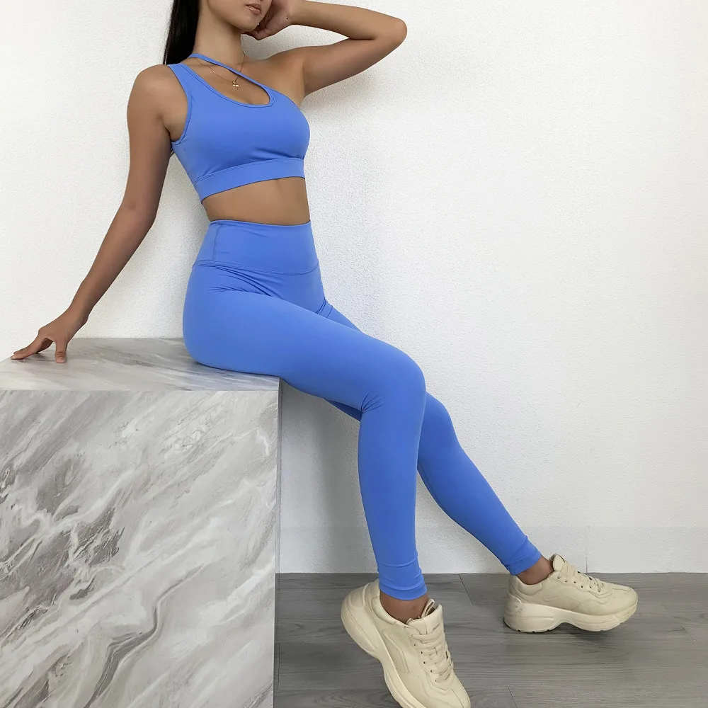 

Slant Shoulder Trousers Sports Fitness Yoga Suit Shockproof Running Set Women