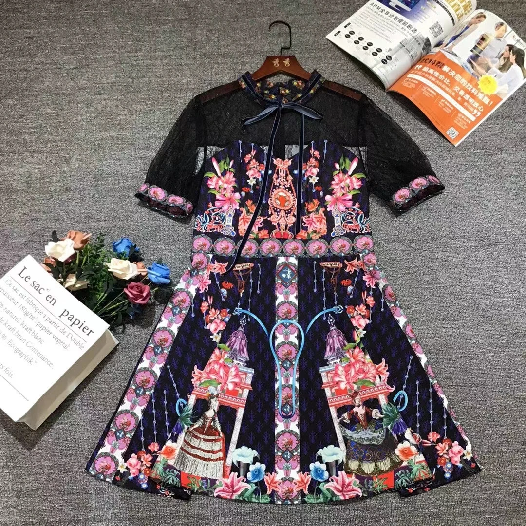 

Lady Runway Fashion Lace Prom Dress Lady Short Sleeve Ethnic Totem Print Perspective Lace Patchwork Mujer Vestido
