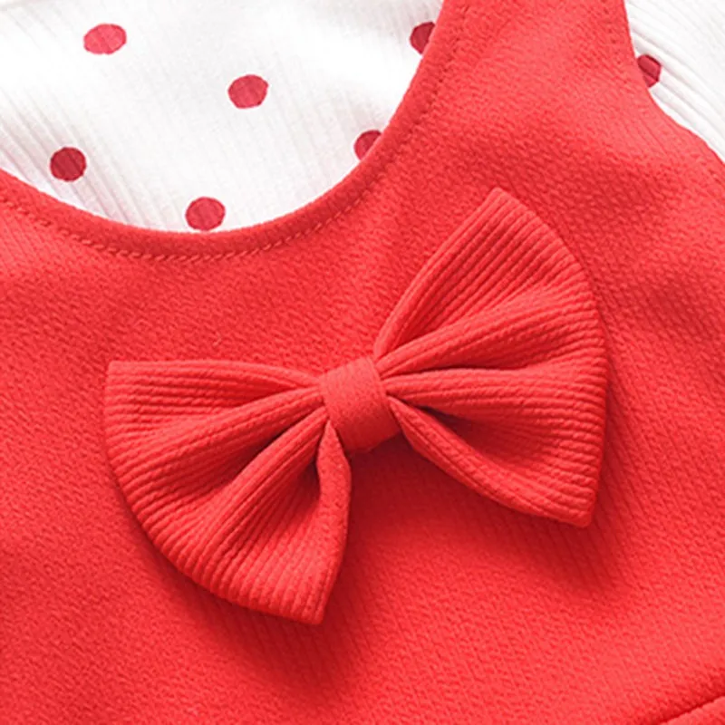 

Autumn Baby Girl Long Flare Sleeve Polka Dot Print T-shirt Tops+Bowknot Vest+Trousers Casual Outfits