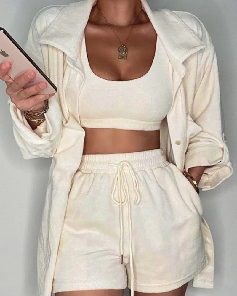 

Женский комплект из 3 предметов, короткий топ и шорты на шнуровке с карманами и пуговицами, дизайнерский пиджак с длинным рукавом, повседнев...