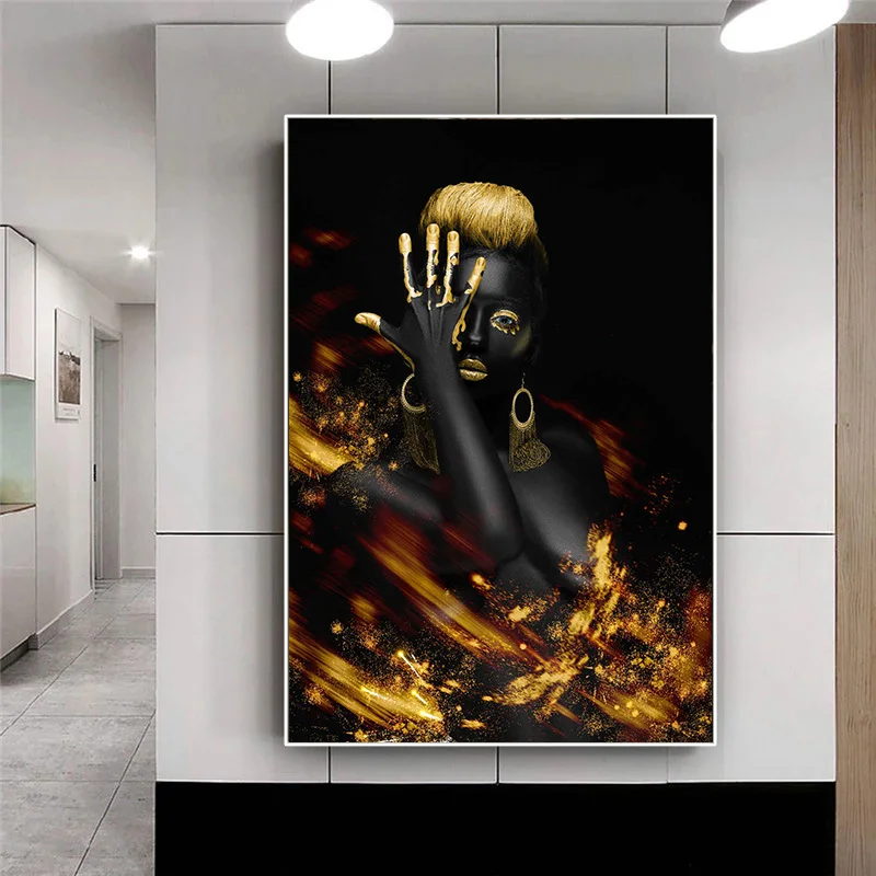 

African Art Black and Gold Woman Mask Wall Art Painting Art Posters And Printed Canvas Pictures Home Decor Frameless