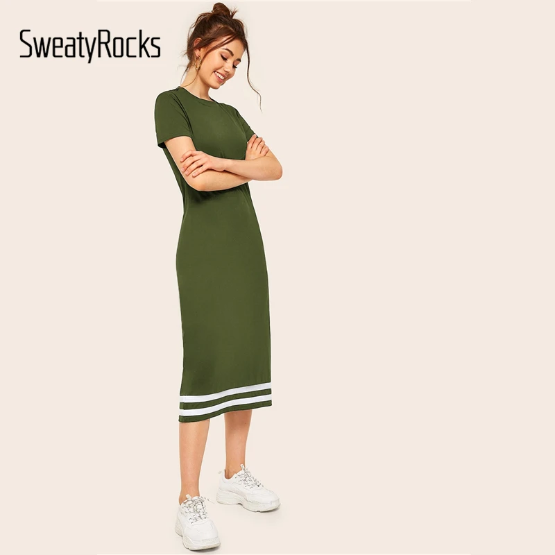 SweatyRocks армейский зеленый полосатый принт футболка миди платье женские облегающие эластичные платья повседневные женские летние прямые платья