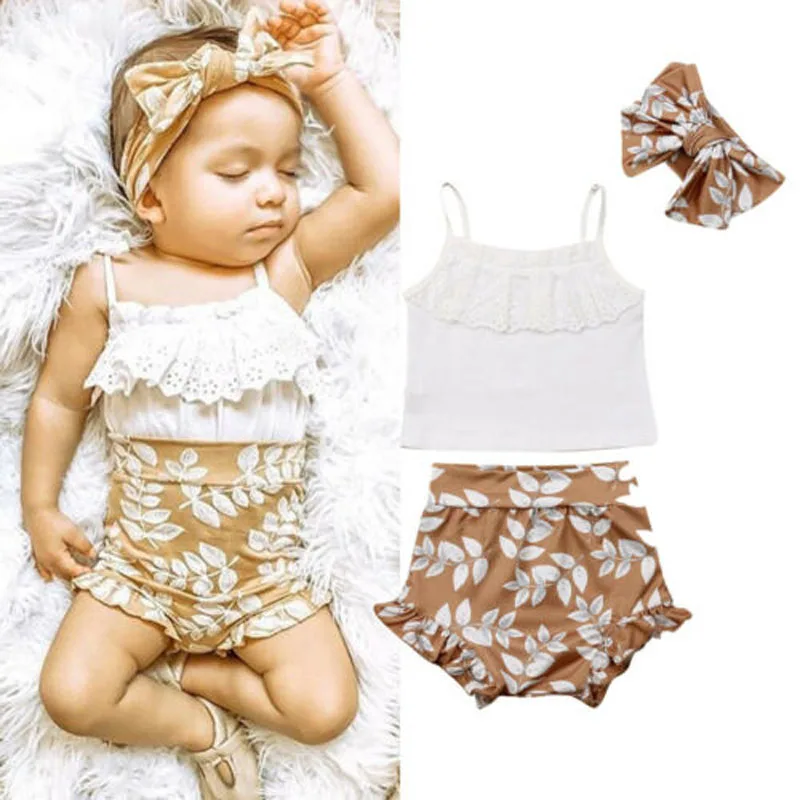 Conjunto de verano de 3 piezas para ni&ntilde;os y ni&ntilde;as, Top con tirantes de encaje, manga corta, pantalones cortos estampados y Diadema con lazo estampado-0