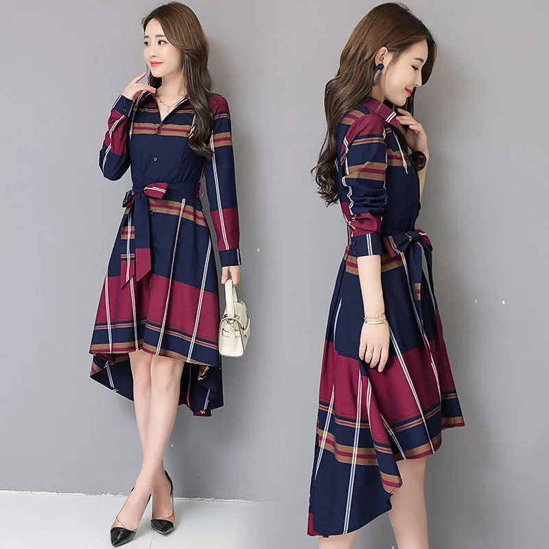 

2021 Spring Autumn Vintage Retro Plaid Blouse Dress Plus Size Woman Elegant Party Irregular Middle Dresses Vestido Bokep Robe