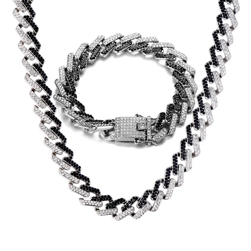Silver and Black Хип-хоп, 1 комплект, 13 мм, Bling Iced Out, циркон, кубинский, полный, проложить горный хрусталь, мужской браслет, ожерелье Золотое серебро для Мужчин, Ювелирные изделия - Окраска металла: Silver and Black
