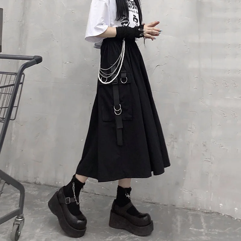 

Женская юбка с завышенной талией, черная Свободная юбка-трапеция средней длины с карманами в готическом стиле, в стиле Харадзюку, 2021