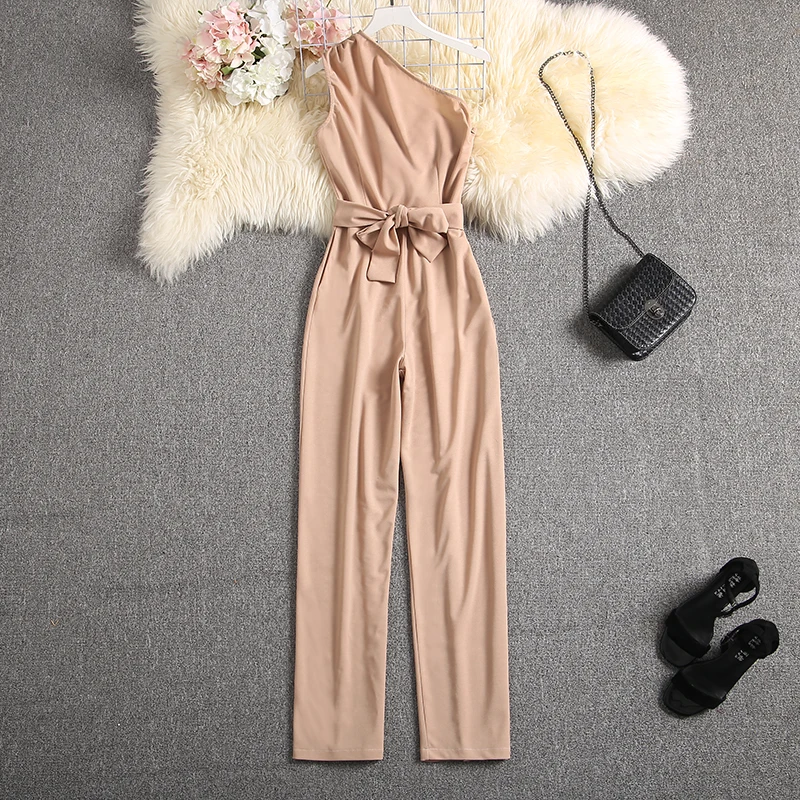 ALPHALMODA Oblique Shoulder Outfit Sashes Solid Color Slim Fit Ladies Elegant Party Jumpsuit Summer Fashion Rompers | Женская одежда