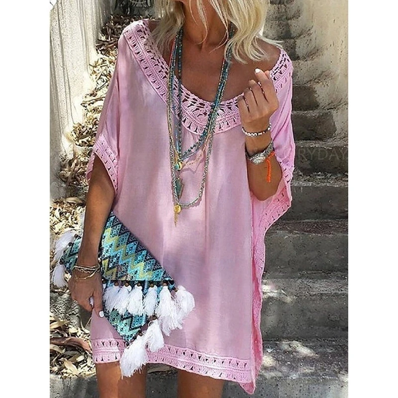 

Beach cover up Sexy Women Loose Beach Dress Tunic Solid Bikini Cover UP Swimsuit Beachwear Swimwear Hollow Out Beach Dress Robe