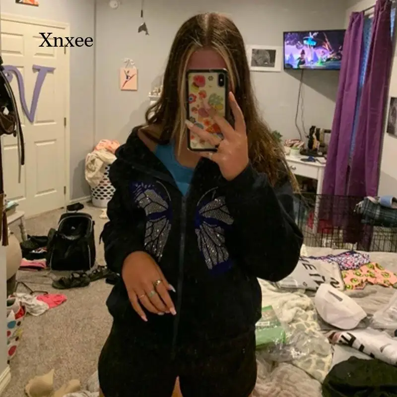 

Butterfly Graphic Hoodies Coat Y2K Fashion Oversized Rhinestone Zip Up E-Girl 90S Streetwear Diamond Grey Long Jacket Autumn Top