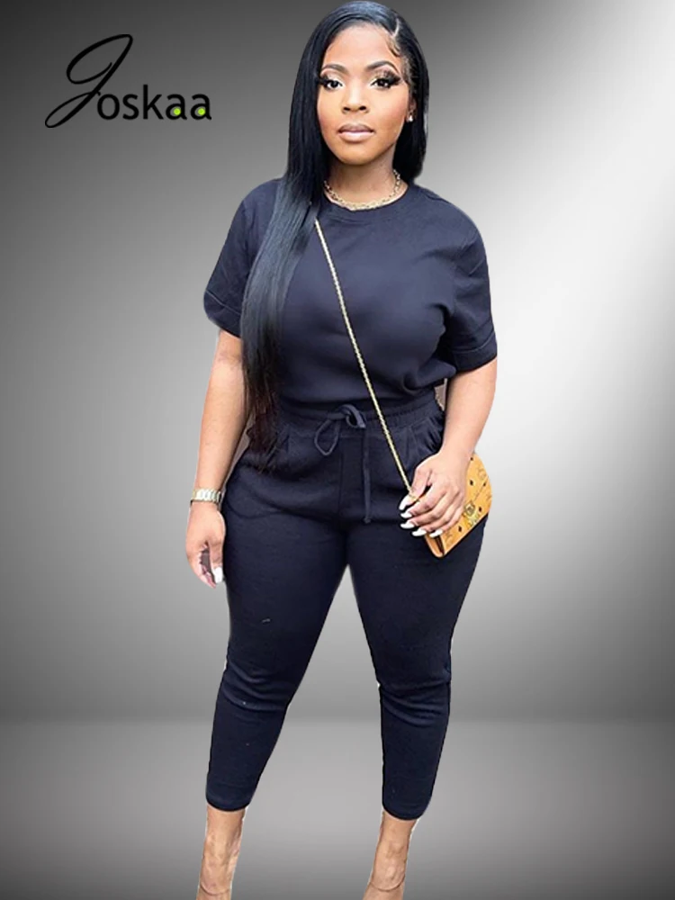 

Joskaa Solid Short Sleeve T-Shirt and Bandage Pants 2 Piece Sets Women Outfits Streetwear Casual Fitness Tracksuit Leisure Wear