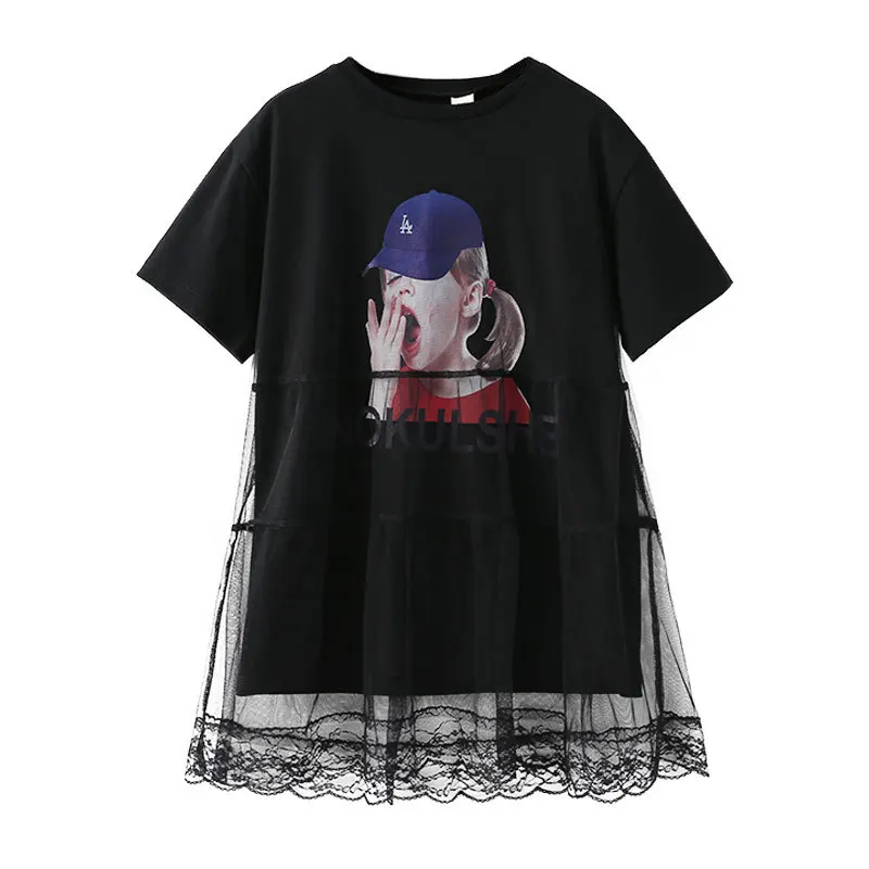 

New girl's T-shirt and mesh stitched skirt in summer fashionable and lovely dresses Cotton printing