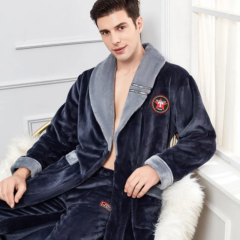 Plus Size 3XL 4XL Men Flannel Robe Nightwear Winter Kimono Bathrobe Gown Nightgown Loose Sleepwear Thick Warm Long Home Clothes