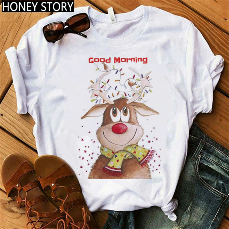 

Merry Christmas Gift Cute Reindeer T-Shirt Women/Men Cartoon Tshirt Female Graphic Short Sleeve Tops Suitable All Seasons Tee