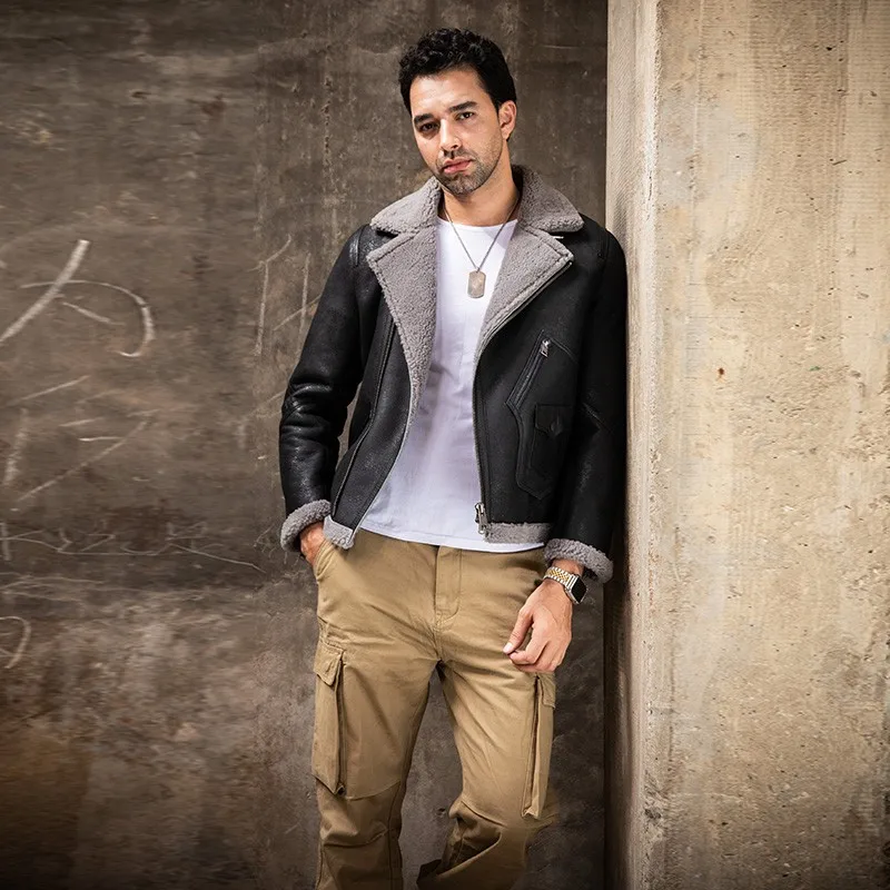 Мужская зимняя куртка-пилот из натуральной кожи с шерстяной подкладкой