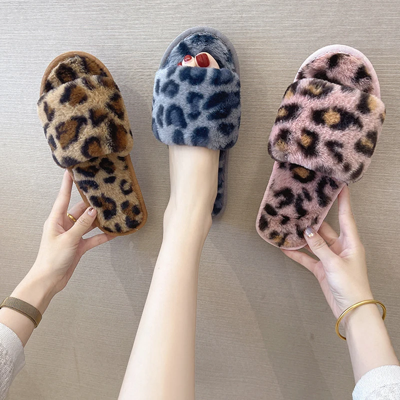 

2021 Women Leopard Faux Fur Slippers Ladies Fashion Soft Home Flip Flops Slides Female Indoor Plush Fluffy Warm Flat Shoes