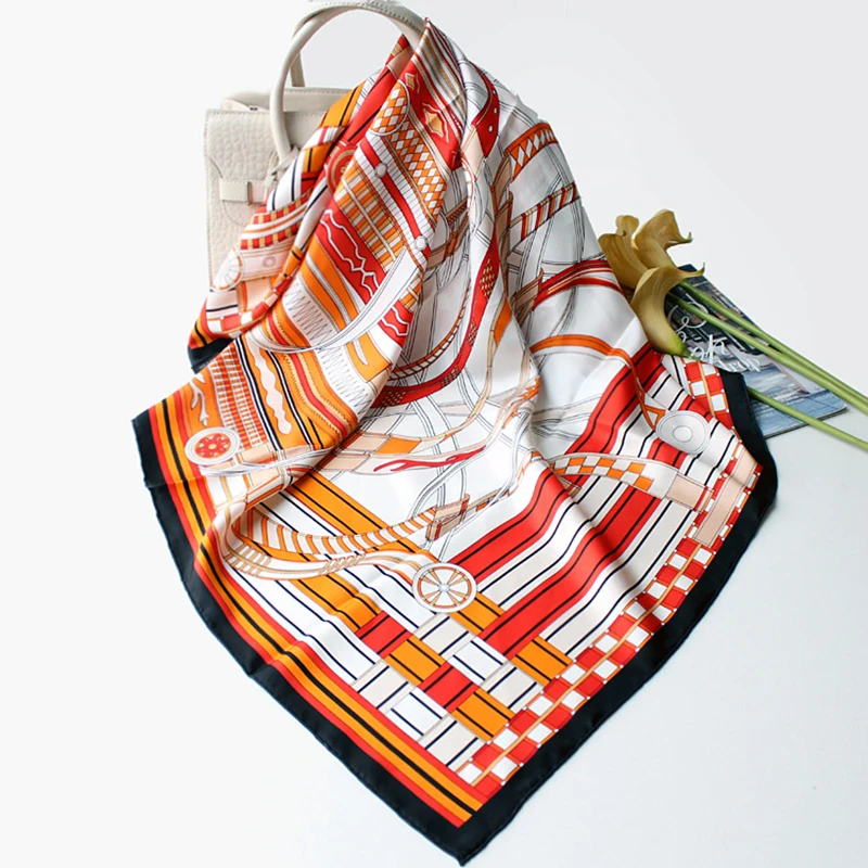 

Luxury 100% Twill Silk Scarf Women Fashion Square Kerchief Bandana Belt Print Shawl Hijab Hand Rolled Stole 90*90cm